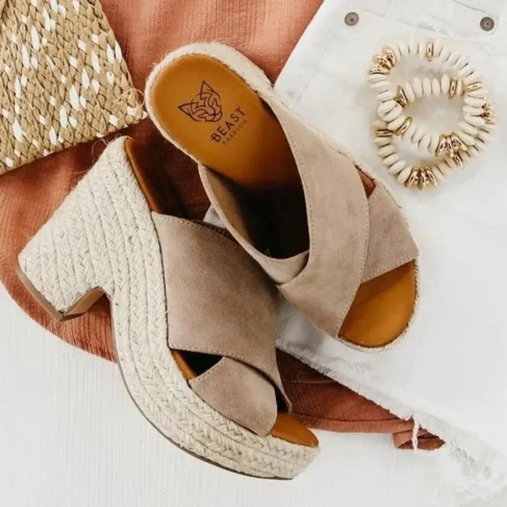Beast Espadrille Platform Crisscross Strap Slip On Wedge Heel Jute Suede New